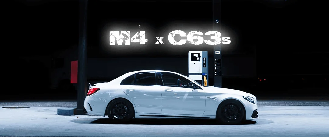 BMW M4 and Mercedes-AMG C63 S at a gas station